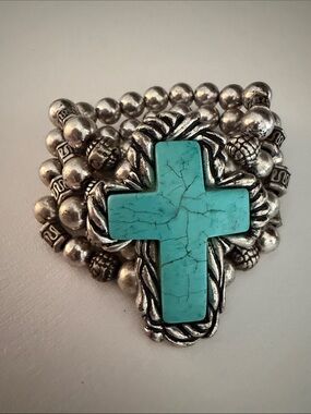 Turquoise Cross Stretch Bracelet - Silver Beaded Women’s Bracelet